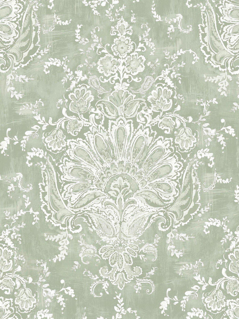 Laura Ashley ornamental floral and paisley wallpaper in sage, UK version