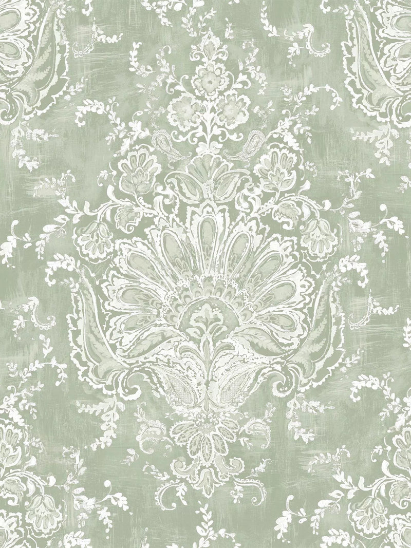 Laura Ashley ornamental floral and paisley wallpaper in sage, UK version