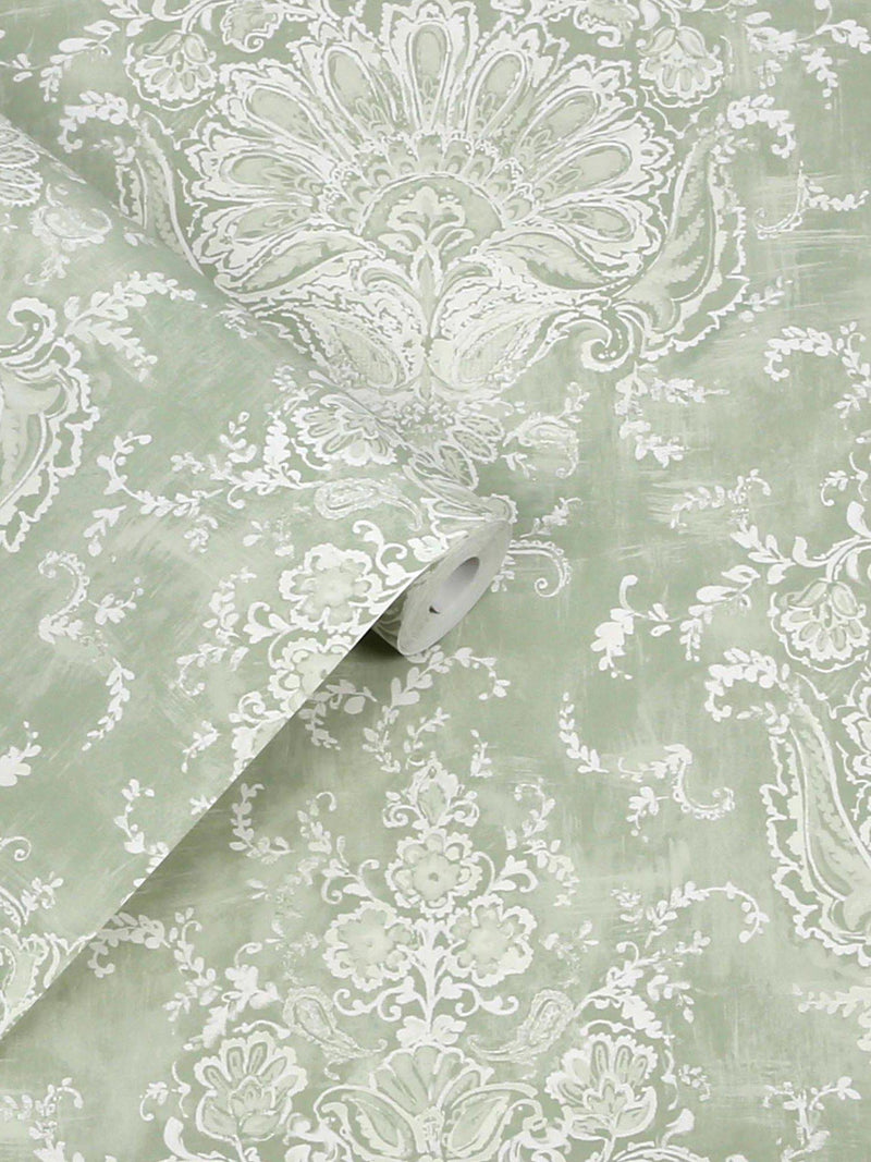 Laura Ashley ornamental floral and paisley wallpaper in sage, UK version
