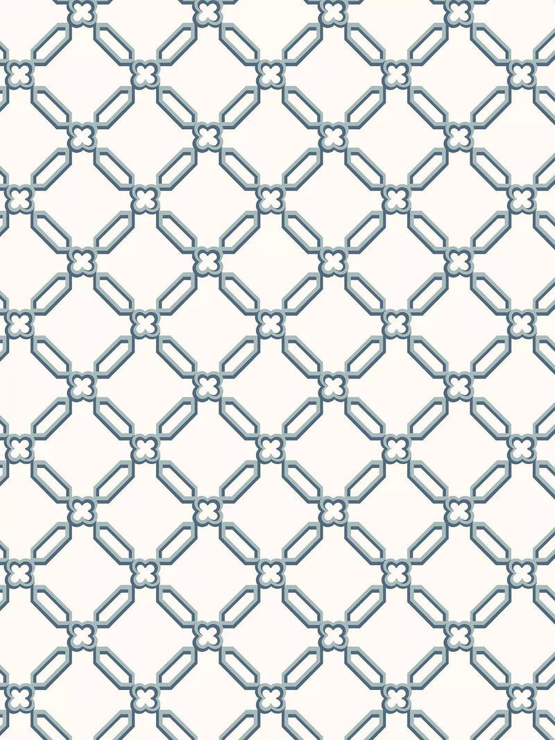 Laura Ashley Westminster trellis design wallpaper in Dusky Seaspray, UK version