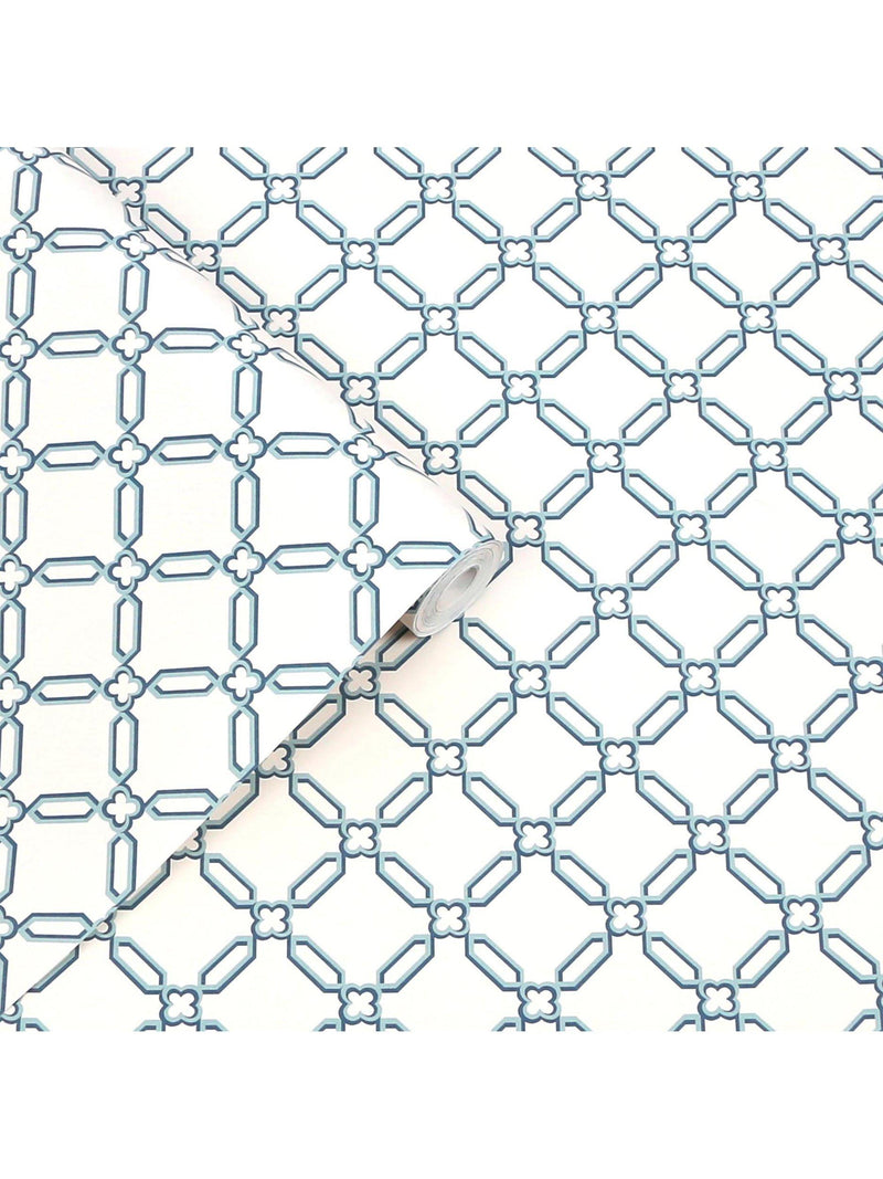Laura Ashley Westminster trellis design wallpaper in Dusky Seaspray, UK version