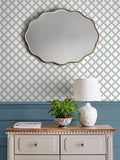 Laura Ashley Westminster trellis design wallpaper in Dusky Seaspray, UK version