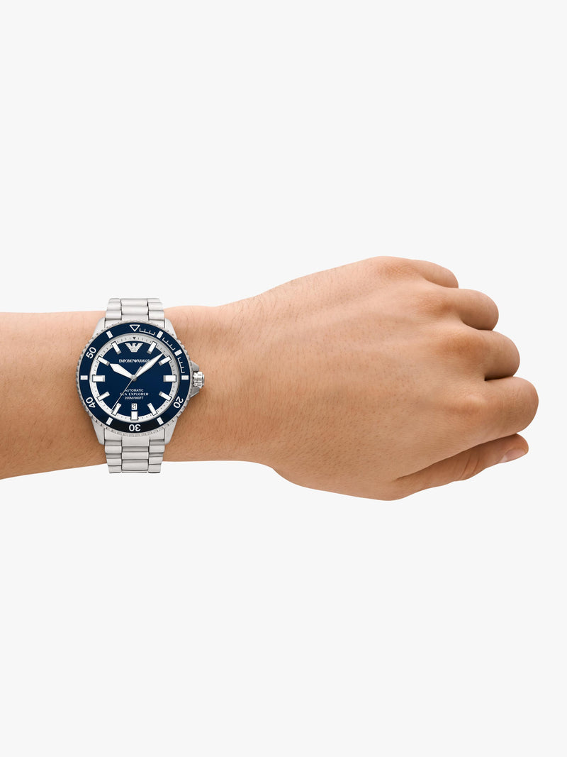 Emporio Armani Sea Explorer watch blue dial stainless steel bracelet (British brand)