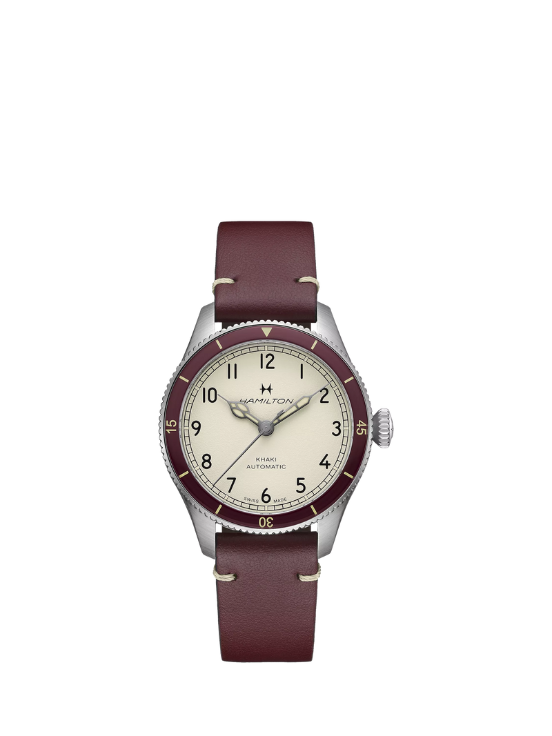 Hamilton Pilot Pioneer automatic watch red leather strap stainless steel, imported from the UK