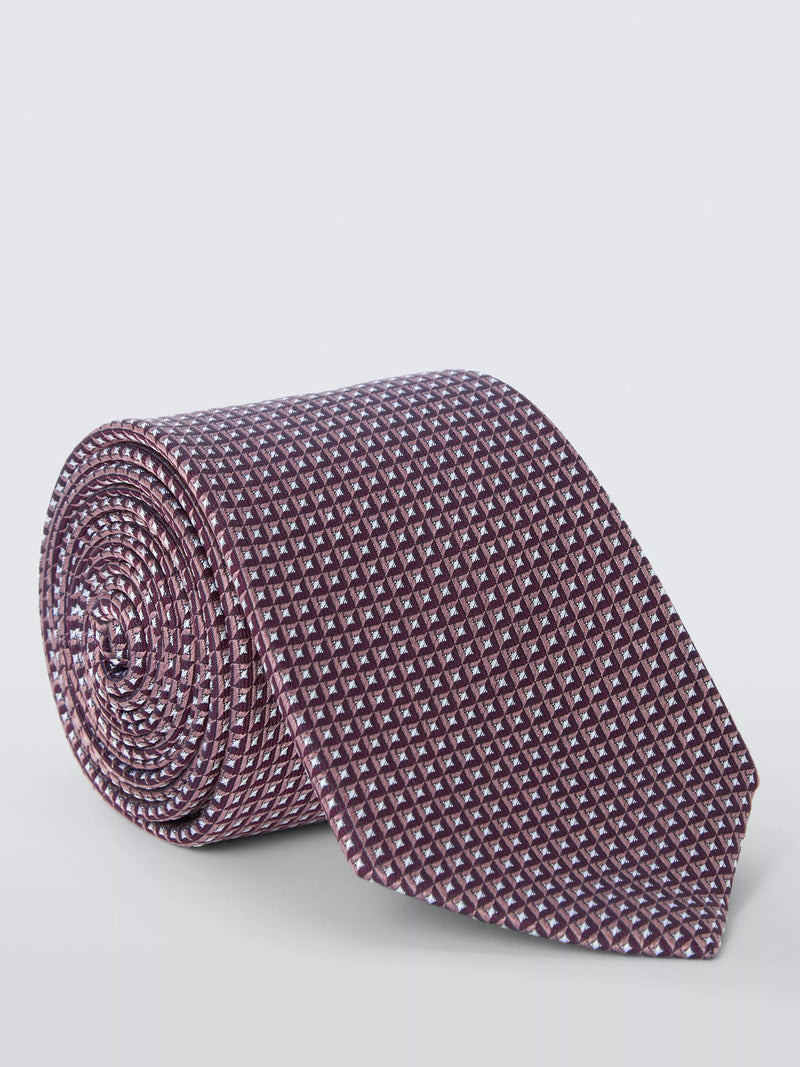 John Lewis small square geometric silk tie burgundy (British brand)