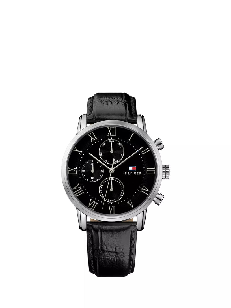 Tommy Hilfiger chronograph watch black leather strap 44mm, UK version
