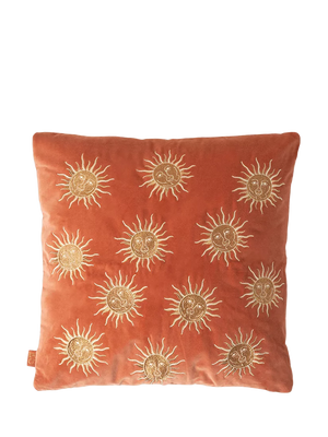 Embroidered Sun Motif Velvet Decorative Cushion in Rust