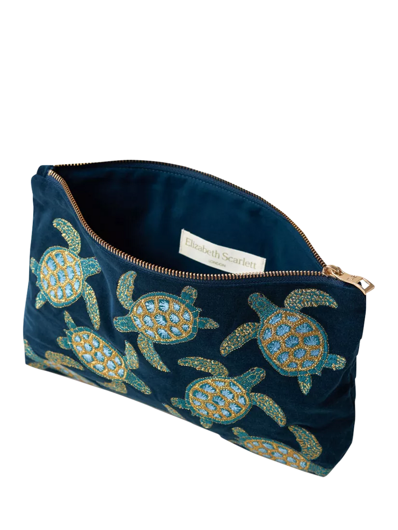 Elizabeth Scarlett navy cotton zip pouch with turtle embroidery - British product