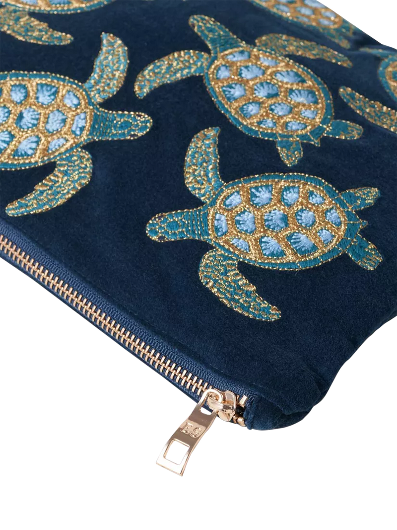 Elizabeth Scarlett navy cotton zip pouch with turtle embroidery - British product