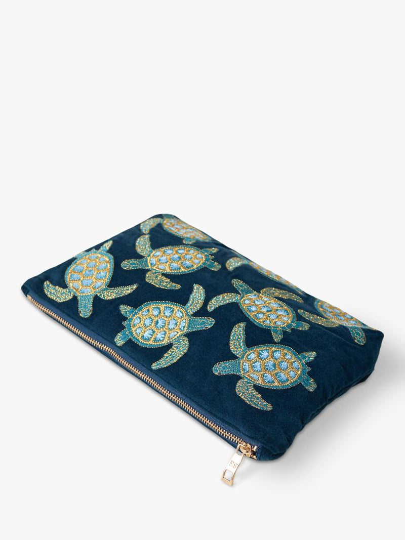 Elizabeth Scarlett navy cotton zip pouch with turtle embroidery - British product
