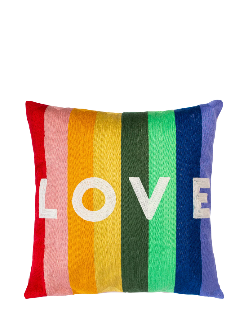 The Pillow Drop love cushion rainbow design, imported from the UK