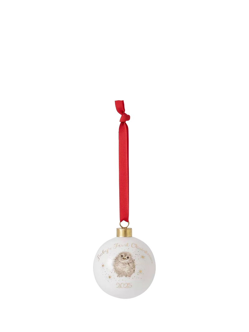 Wrendale Designs bone china bauble with baby owl 9cm, imported from the UK