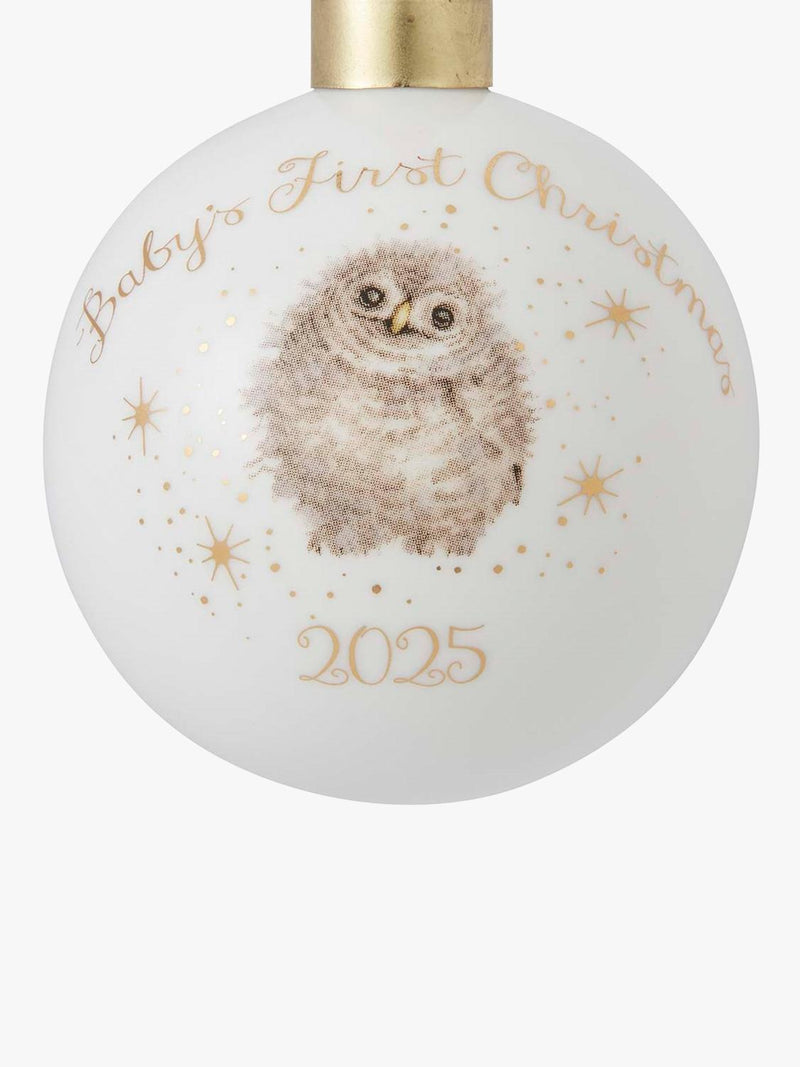 Wrendale Designs bone china bauble with baby owl 9cm, imported from the UK