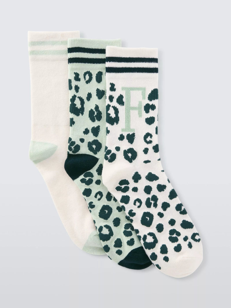 John Lewis Animal Print Alphabet Ankle Socks, Pack of 3, Green/Multi