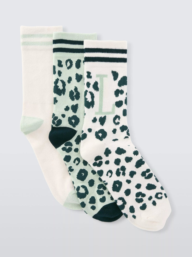 John Lewis Animal Print Alphabet Ankle Socks, Pack of 3, Green/Multi