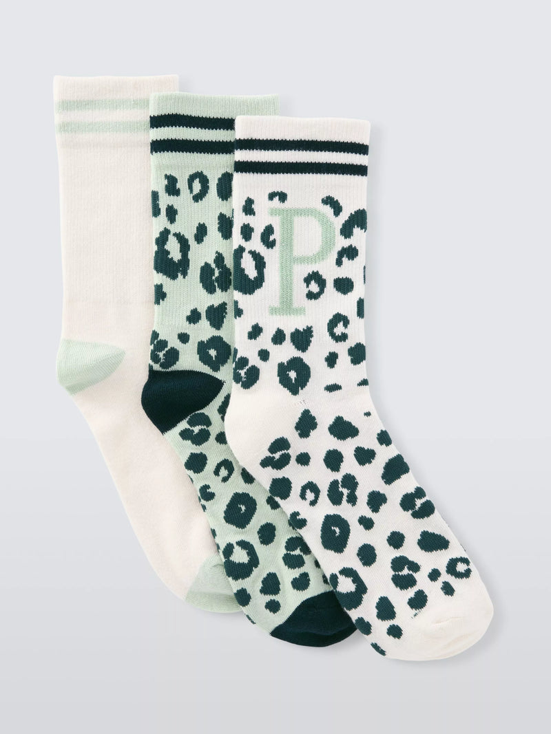John Lewis Animal Print Alphabet Ankle Socks, Pack of 3, Green/Multi