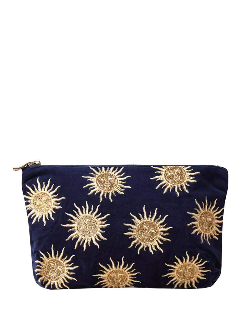 Elizabeth Scarlett Sun Goddess velvet pouch in navy - British product