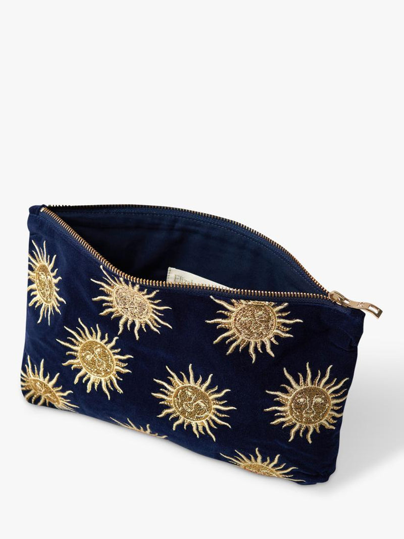 Elizabeth Scarlett Sun Goddess velvet pouch in navy - British product