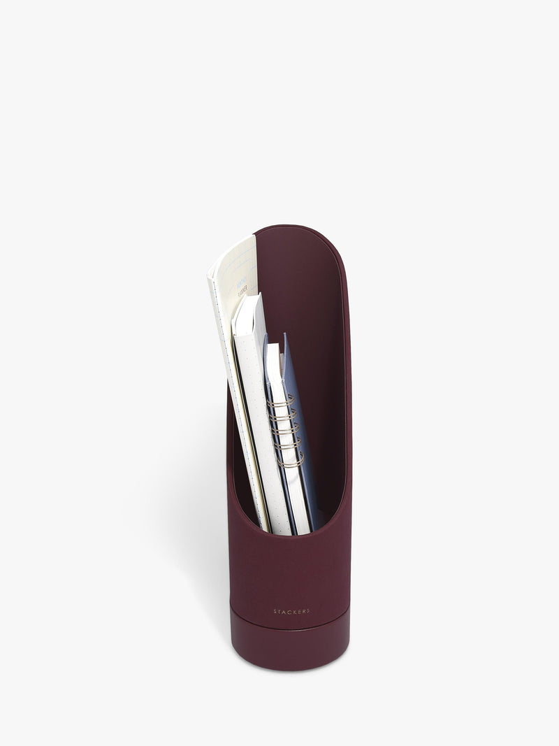 Stackers Magazine Rack garnet faux leather, imported from the UK