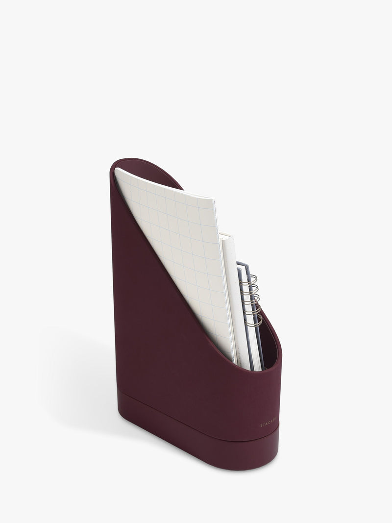 Stackers Magazine Rack garnet faux leather, imported from the UK