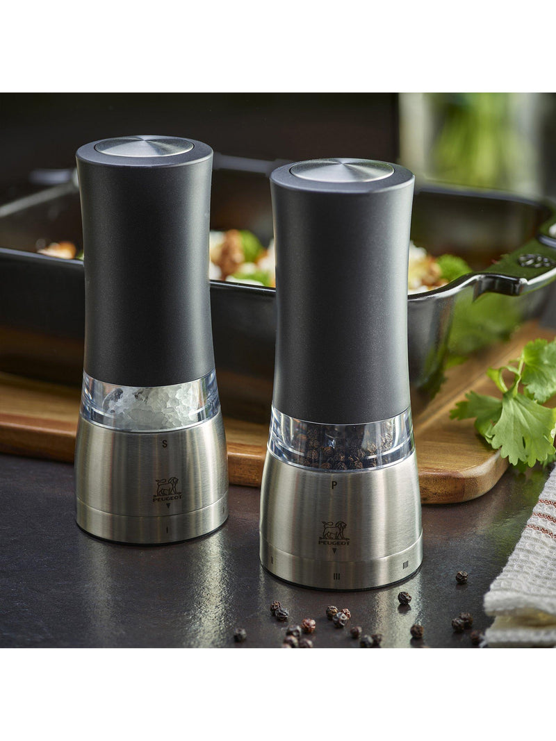 Peugeot electric salt and pepper mills black silver set, UK version