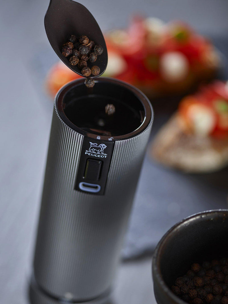 Peugeot electric salt and pepper mills black silver set, UK version