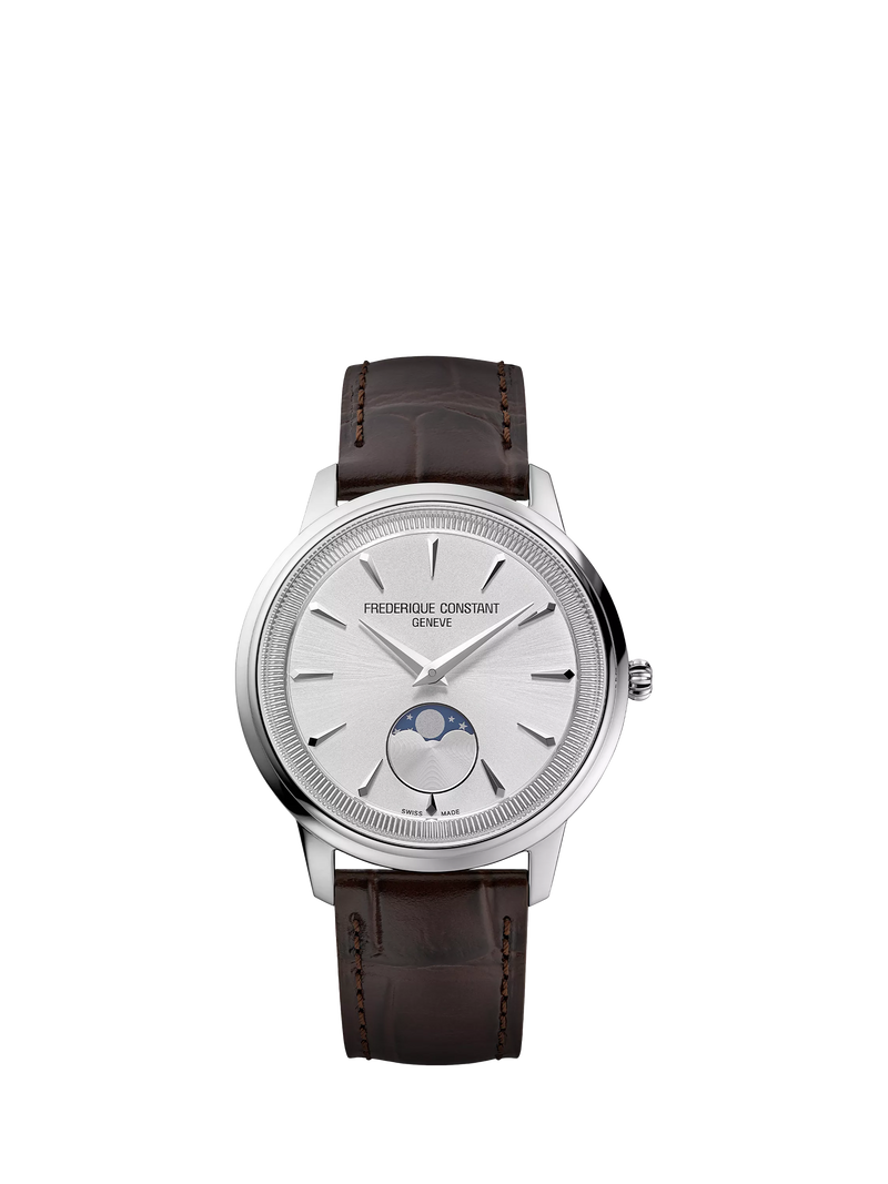 Frederique Constant men's moonphase watch white dial brown strap, imported from the UK