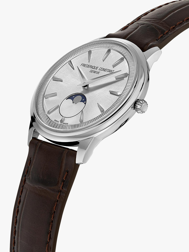 Frederique Constant men's moonphase watch white dial brown strap, imported from the UK