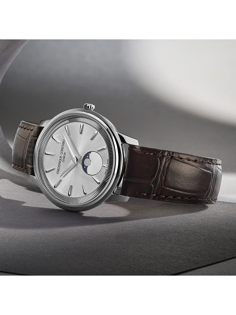 Frederique Constant men's moonphase watch white dial brown strap, imported from the UK