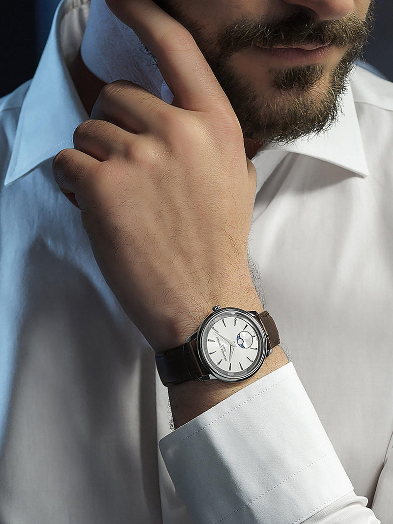 Frederique Constant men's moonphase watch white dial brown strap, imported from the UK