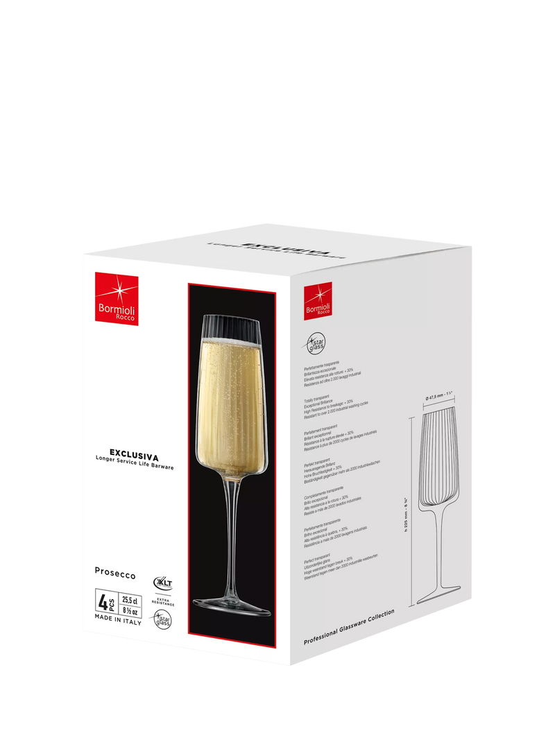 Bormioli Rocco Exclusiva glass flutes set of 4 255ml clear, imported from the UK