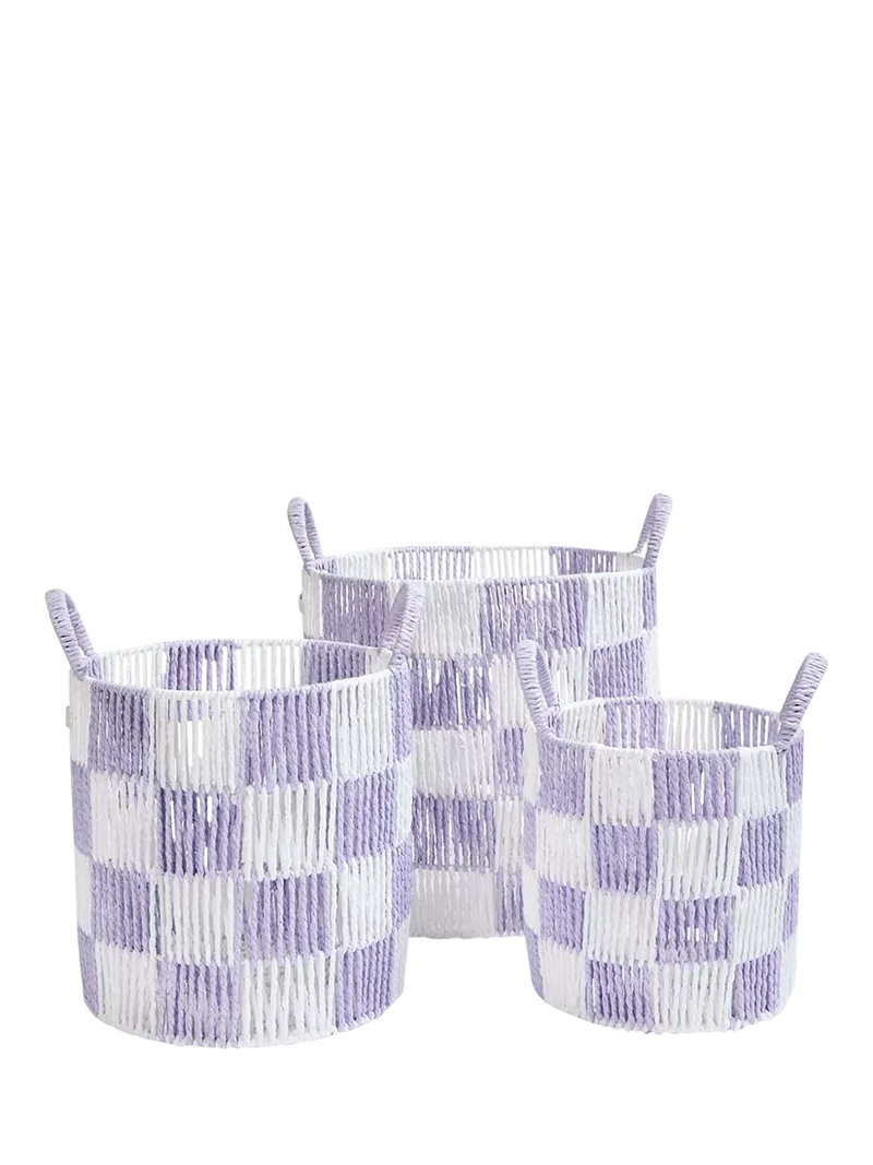 Avery Row checkerboard basket set of 3 in lilac, imported from the UK