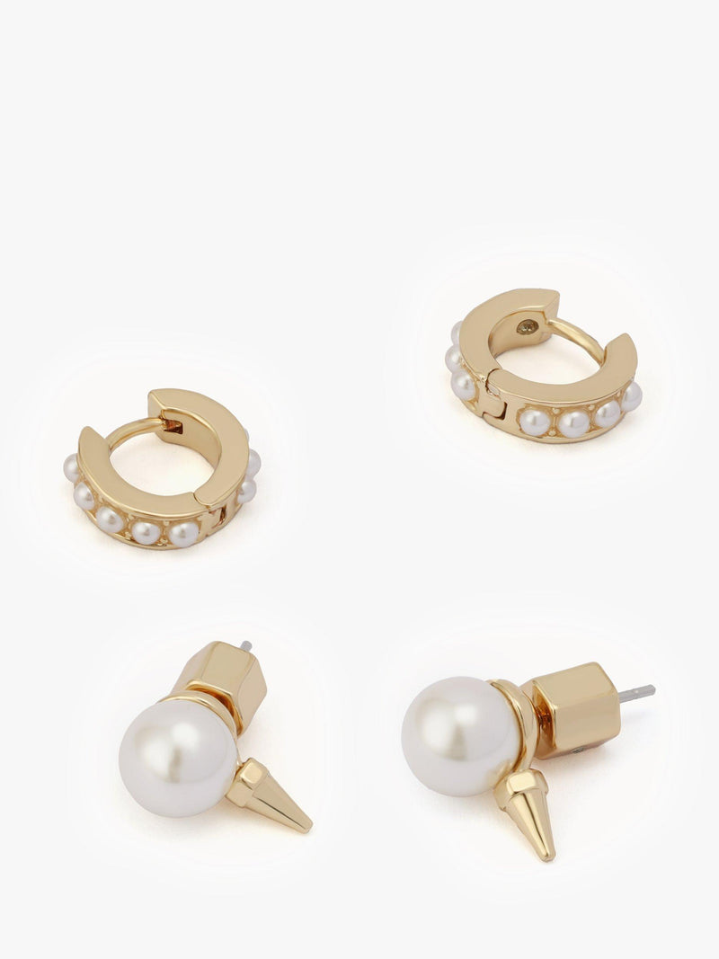 AllSaints pearl huggie and stud earrings in shiny gold, imported from the UK