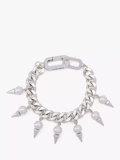 John Lewis AllSaints Spiked Pearl Curb Chain Choker Bracelet, Warm Silver- Buy online at McGrocer