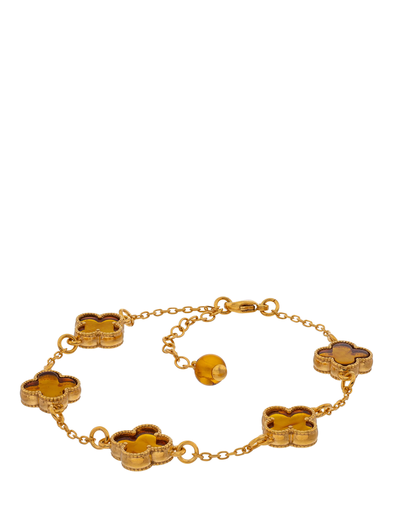 Be-Jewelled Baltic Amber Clover Chain Bracelet Gold/Cognac 22cm - British product