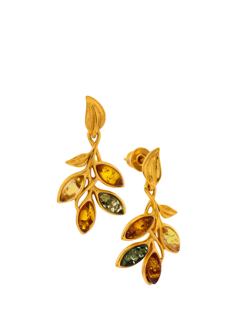 Be-Jewelled Baltic amber leaf drop stud earrings in gold multi, UK version