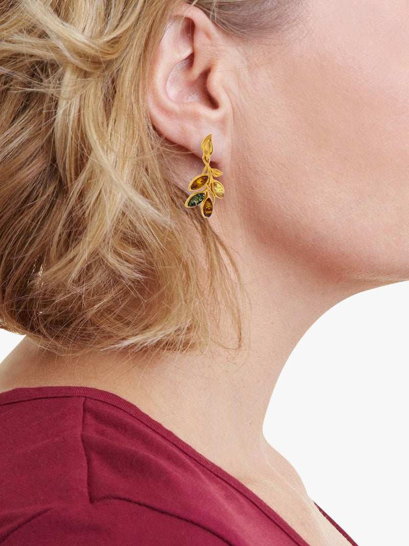Be-Jewelled Baltic amber leaf drop stud earrings in gold multi, UK version