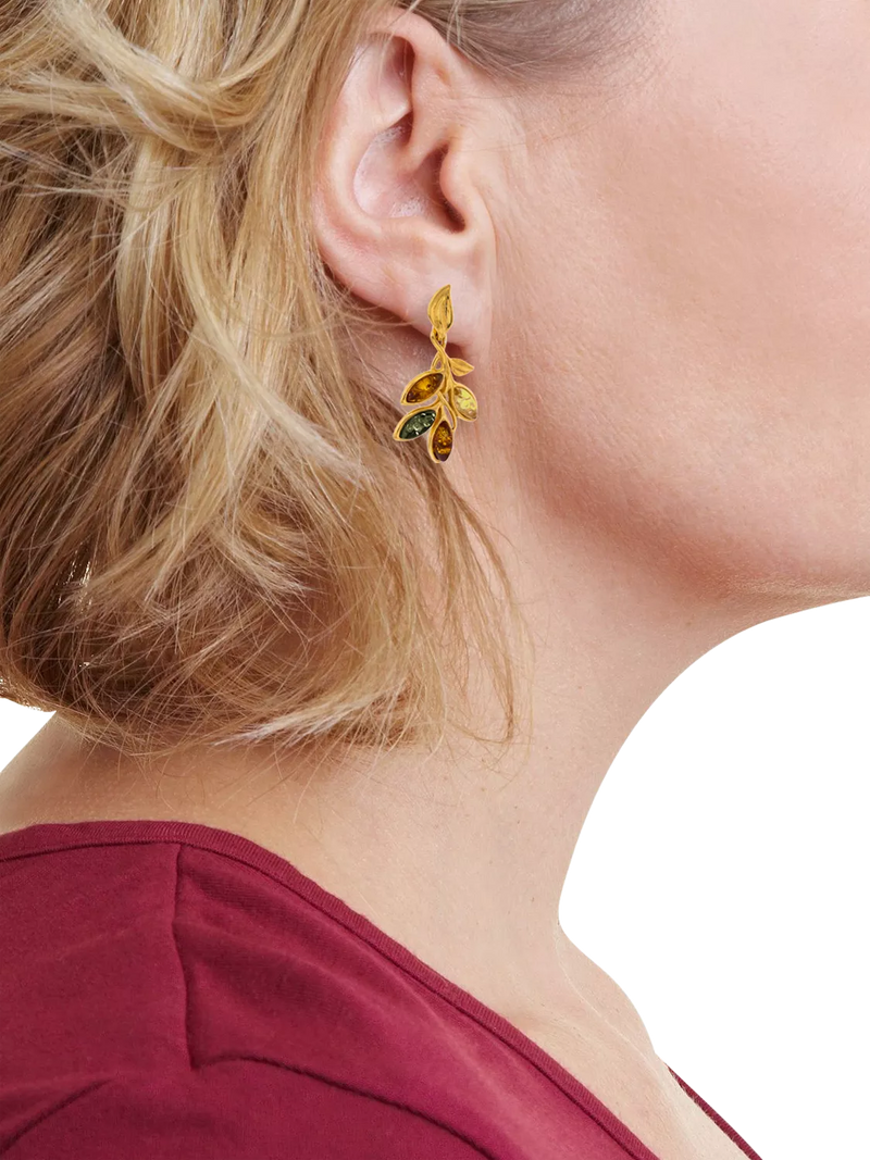 Be-Jewelled Baltic amber leaf drop stud earrings in gold multi, UK version