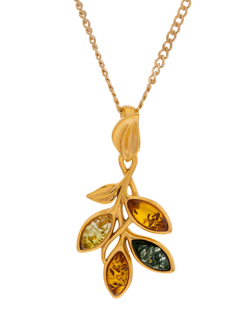 Be-Jewelled Baltic amber leaf pendant necklace gold plated sterling silver, UK version