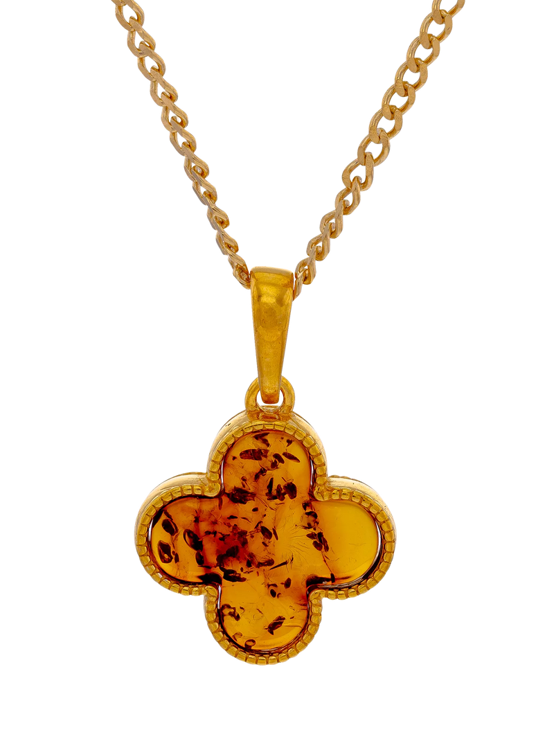 Be-Jewelled Baltic amber clover pendant gold cognac, imported from the UK