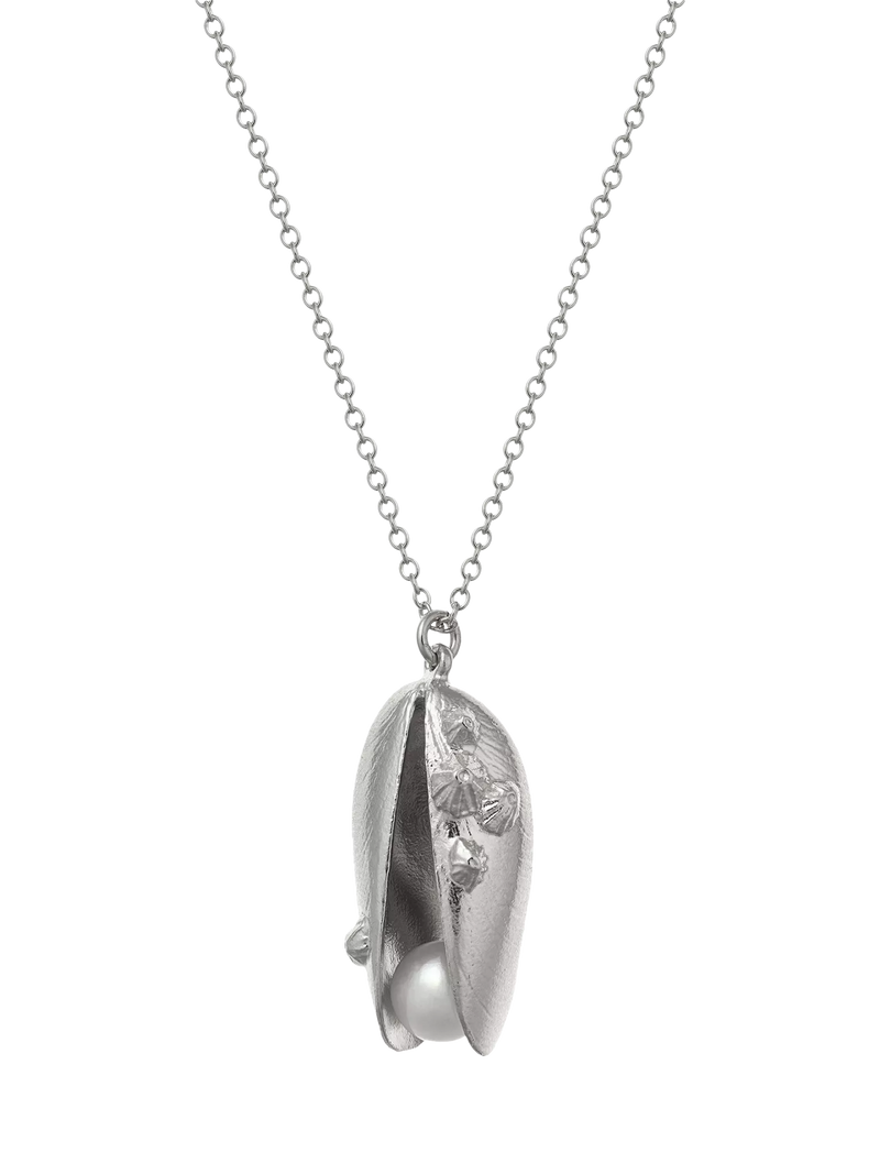 Alex Monroe sterling silver shell and pearl charm necklace, imported from the UK