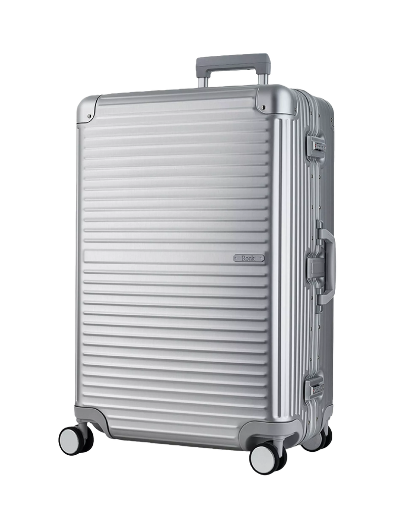 Rock Axel Aluminium 8-Wheel 76cm Large Suitcase, 103L, Silver