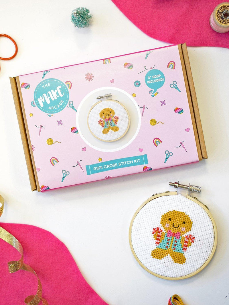 The Make Arcade gingerbread man mini cross stitch kit, UK version
