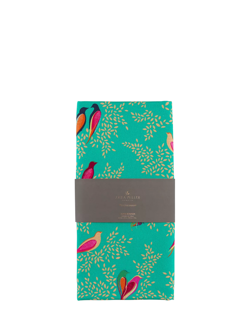 Sara Miller Chelsea Birds cotton table runner 250cm green (British brand)