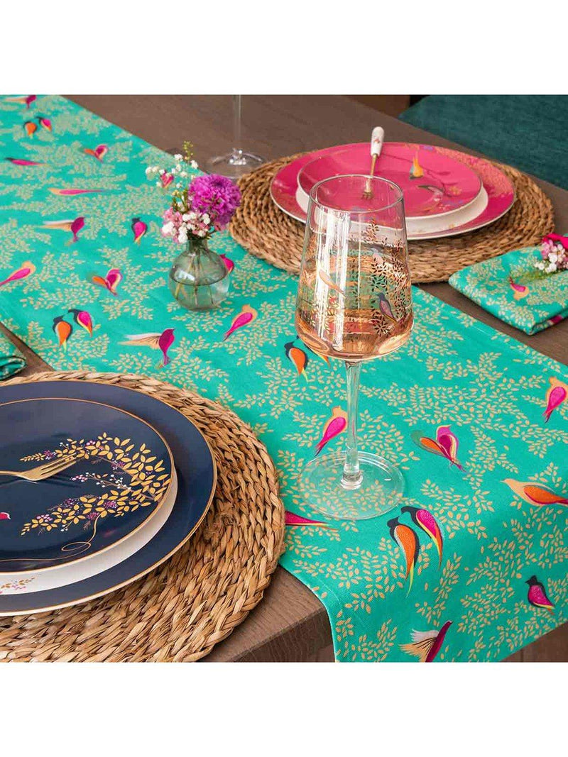 Sara Miller Chelsea Birds cotton table runner 250cm green (British brand)