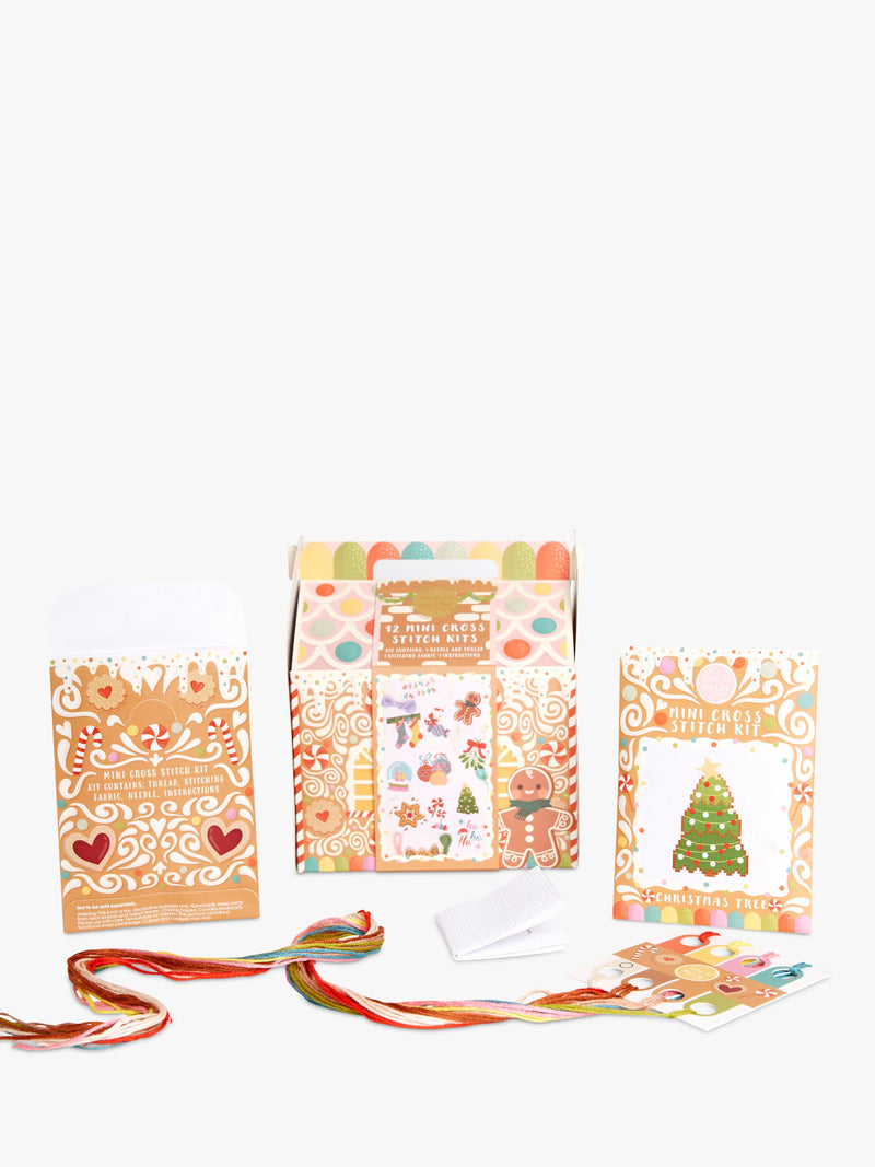 12 Mini Cross Stitch Kits for Beginners with Aida Fabric and Accessories in Gingerbread House Box