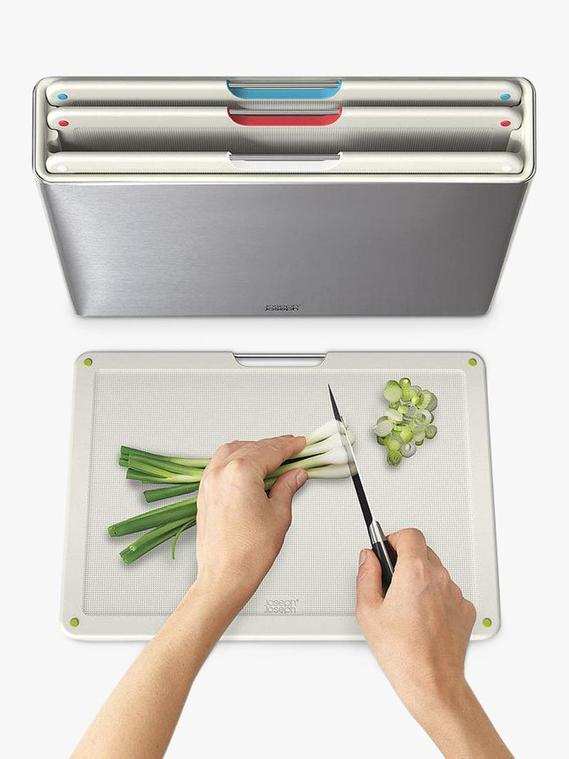 Joseph Joseph Folio chopping board set with stainless steel case, light stone (British brand)