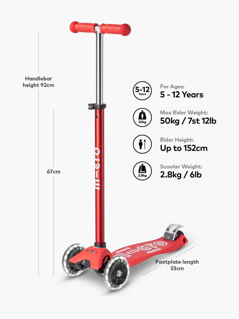 Micro Scooters Maxi Deluxe LED scooter red, imported from the UK