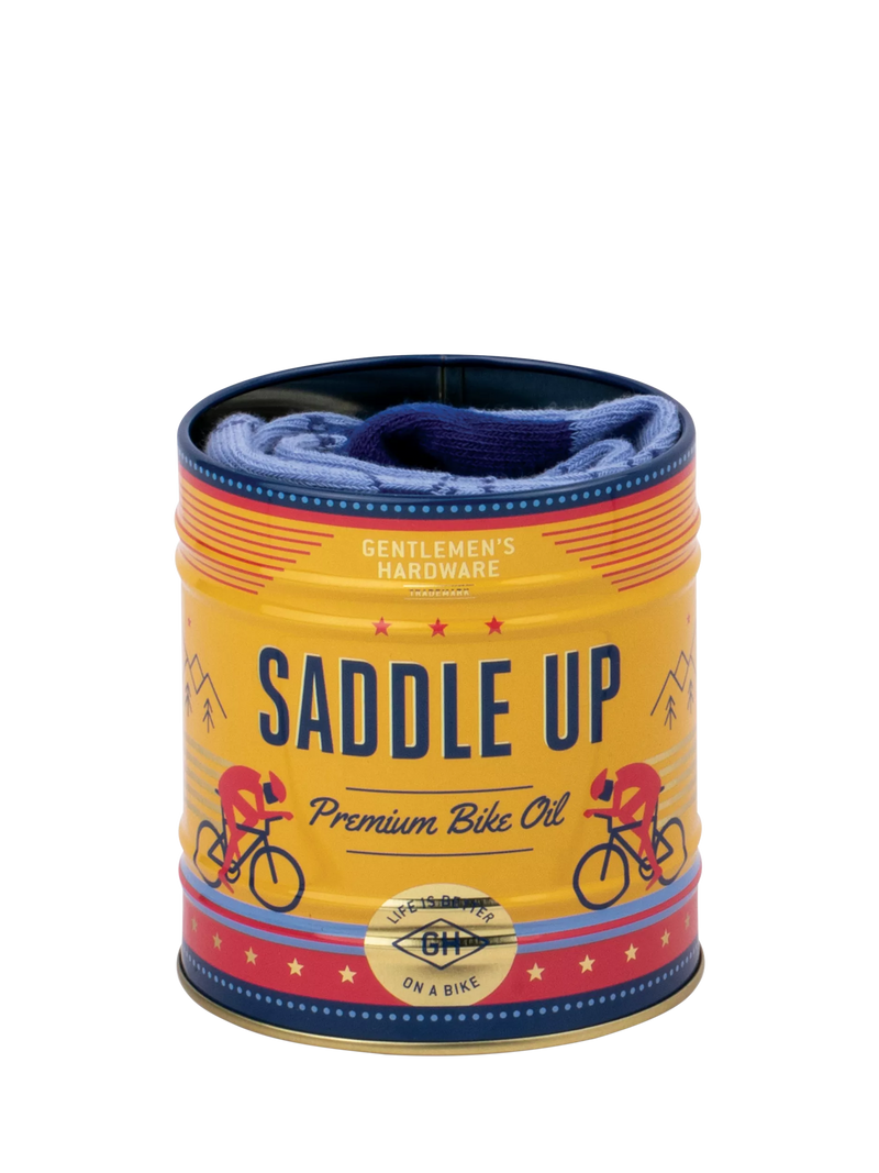 Gentlemen's Hardware blue bike socks in a can, imported from the UK