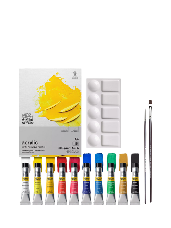 Acrylic Paint Essentials Set with 10 Colours, Brushes, and A4 Paper Pad
